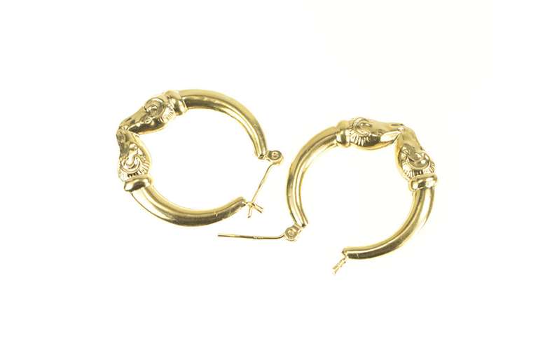 14K Yellow Gold Puffy Ornate Ram Aries Statement Hoop Earrings
