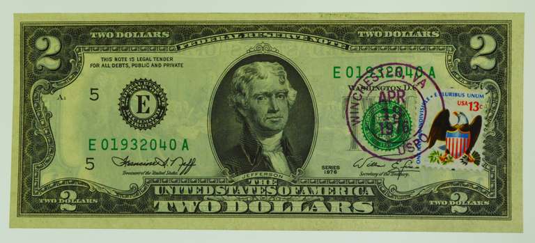 1976 Uncirculated Two Dollar Bill With April 1976 Post Mark Eagle Stamp