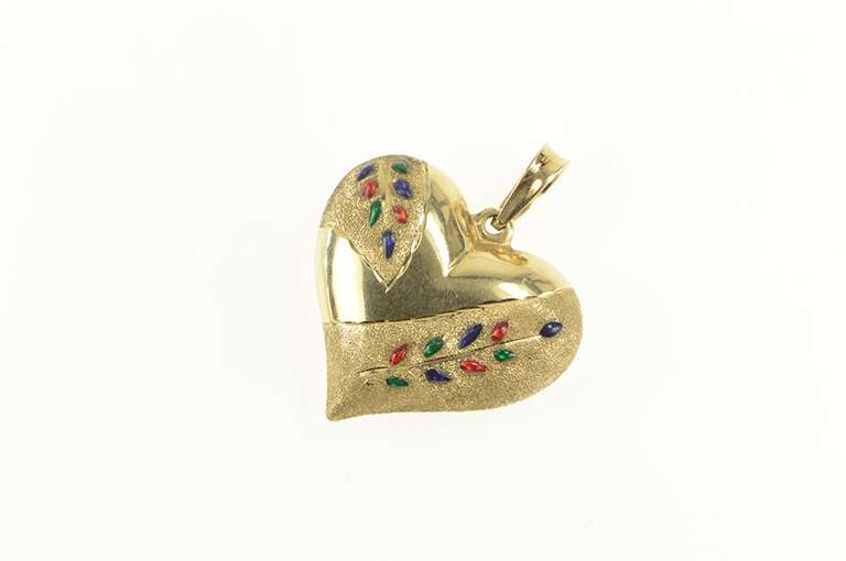 14K Yellow Gold Red Green Blue Enamel Leaf Vine Heart Puffy Pendant
