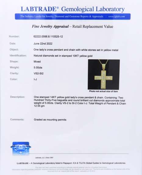 Masterpiece Yellow Gold 5ctw Mixed Baguette Cut and Round Diamond Cross Pendant on Chain
