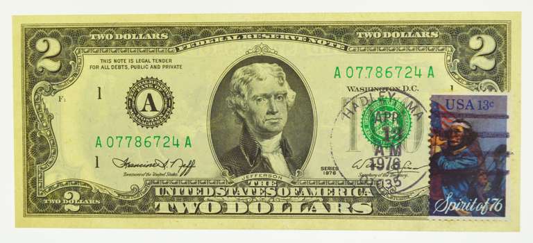 1976 $2 Bill First Issue Day With Cancellation Stamp from Boston