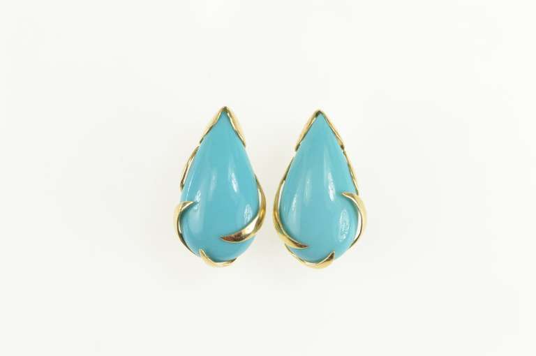 14K Yellow Gold Pear Turquoise Cabochon Ornate Vine Earrings