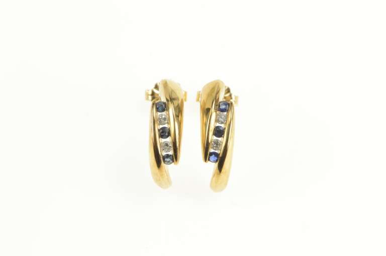 10K Yellow Gold Sapphire Diamond Semi Hoop Curved Bar Earrings