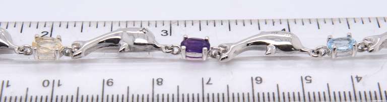 Vintage Sterling Silver Multi Gemstone Dolphin Link Bracelet