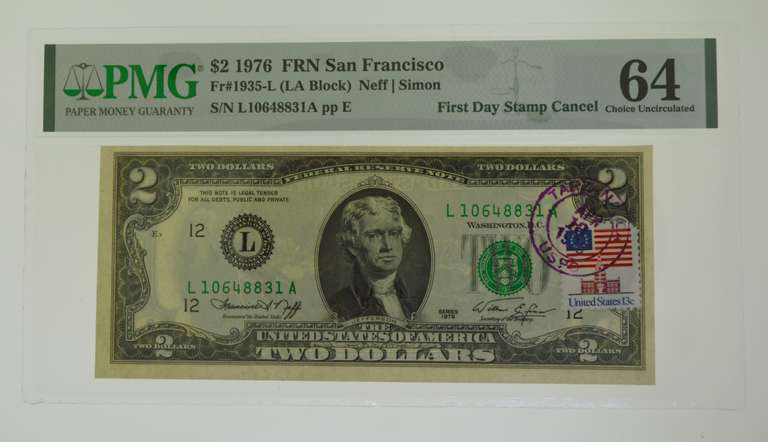 1976 $2 Federal Reserve Note First Day of Issue Stamp Cancel PMG 64