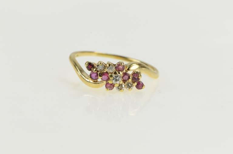 14K Yellow Gold Wavy Diamond Ruby Cluster Accent Statement Ring