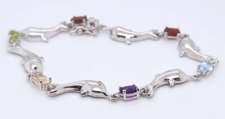 Vintage Sterling Silver Multi Gemstone Dolphin Link Bracelet