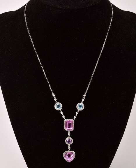 Beautiful Pink Sapphire, Amethyst, and Blue Topaz Necklace in 18K White Gold