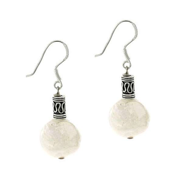 Sterling Silver Freshwater Cultured White Coin Pearl & Bali Bead Earrings