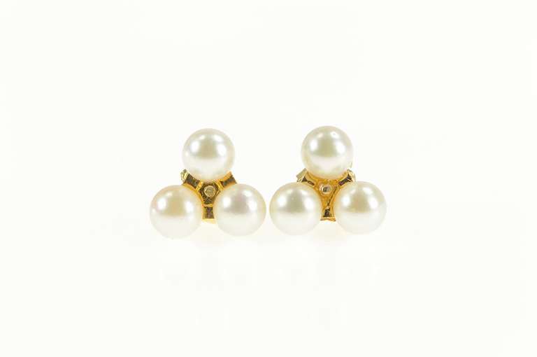 14K Yellow Gold Pearl Clover Shamrock Retro Cluster Stud Earrings