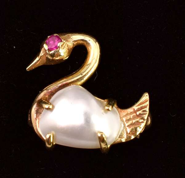 Fabulous Pearl and Ruby Swan Pin in 14K Yellow Gold