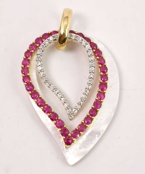 Ravishing Ruby, Diamond, and Mother of Pearl Pendant in 14K Yellow Gold