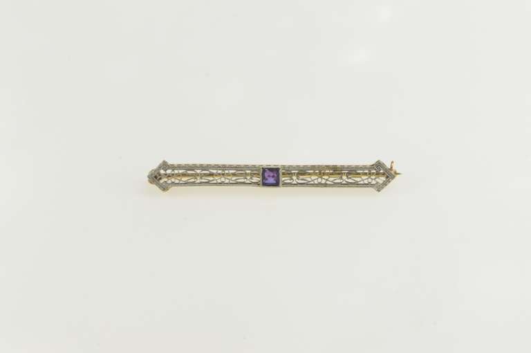 14K Yellow Gold Art Deco Amethyst Ornate Filigree Bar Pin/Brooch