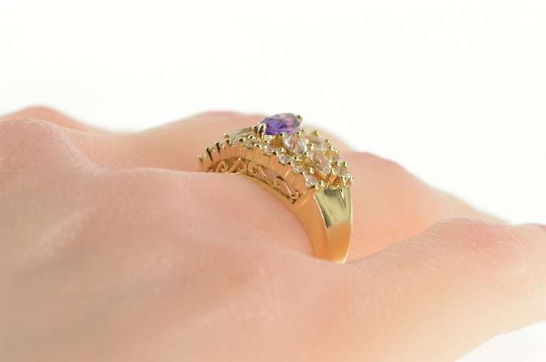 10K Yellow Gold Marquise Amethyst CZ Encrusted Statement Ring