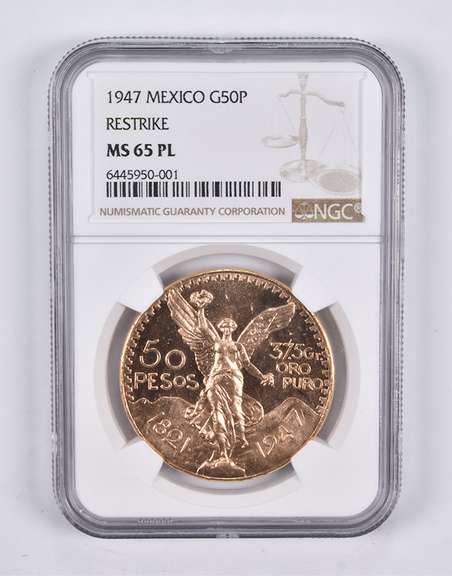 MS65 PL 1947 Mexico 50 Pesos Gold Restrike NGC