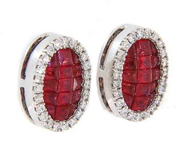 Brand New Invisible Set Ruby and Diamond Frame Stud Earrings