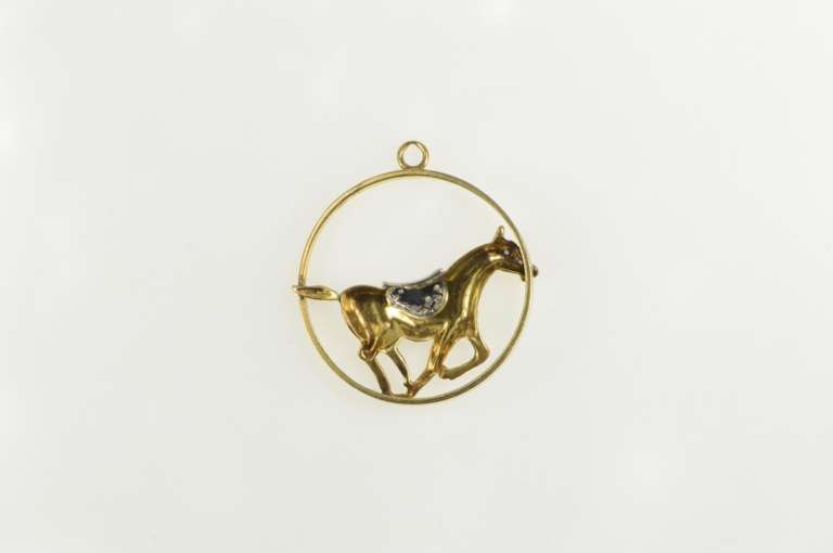 14K Yellow Gold 1960's Diamond Race Horse Medallion Charm/Pendant