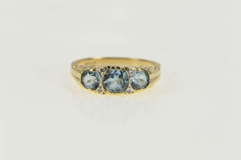 14K Yellow Gold Three Stone Blue Topaz Diamond Statement Ring