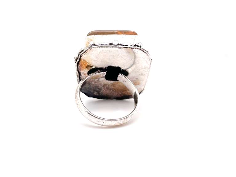 Square Cut Tiger's Eye Statement Ring with Ornate Floral Energy Design in Tibetan Silver
