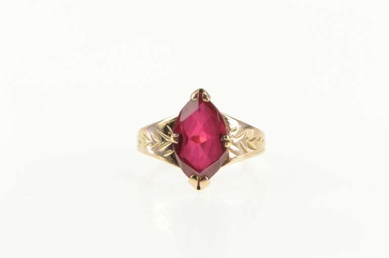 10K Yellow Gold Art Deco Etched Vine Syn, Marquise Ruby Ring