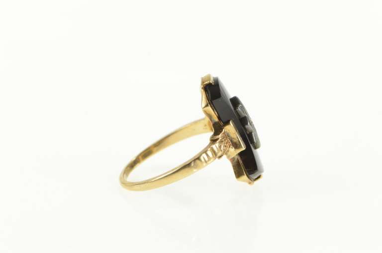 10K Yellow Gold Art Deco Curved Black Onyx Diamond Statement Ring