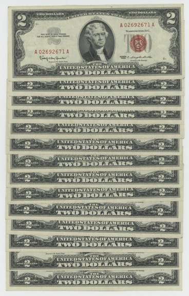 14 Mostly Crisp Unc 1963 Series $2 Red Seal Notes