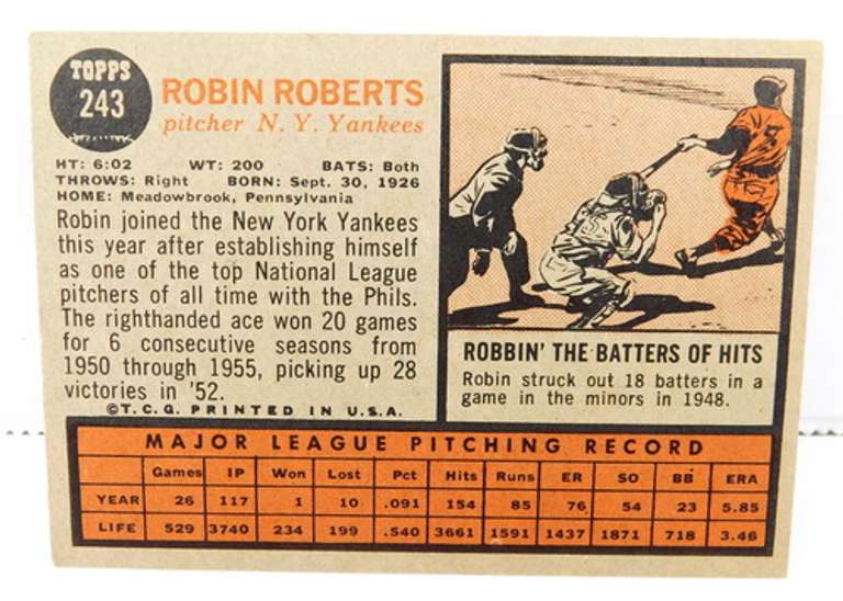Robin Roberts 1962 Topps Baseball Card