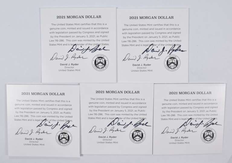 (5) 2021 D, O, S, CC, P Morgan Silver Dollar Anniv COA Signed No Coin