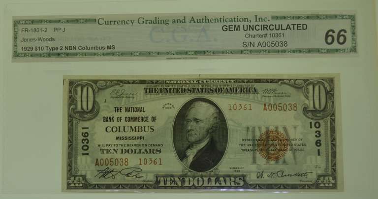 1929 Columbus, MS $10 National. CGA-66
