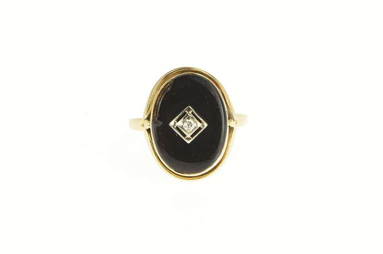 14K Yellow Gold Diamond Inset Ornate Black Onyx Cocktail Ring