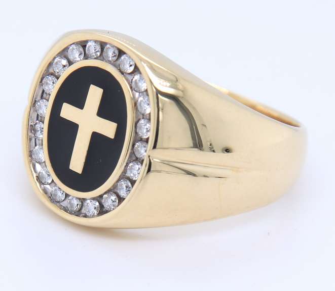 Charming Yellow Gold oval Shaped Black Enamel Cross Diamond Halo Ring