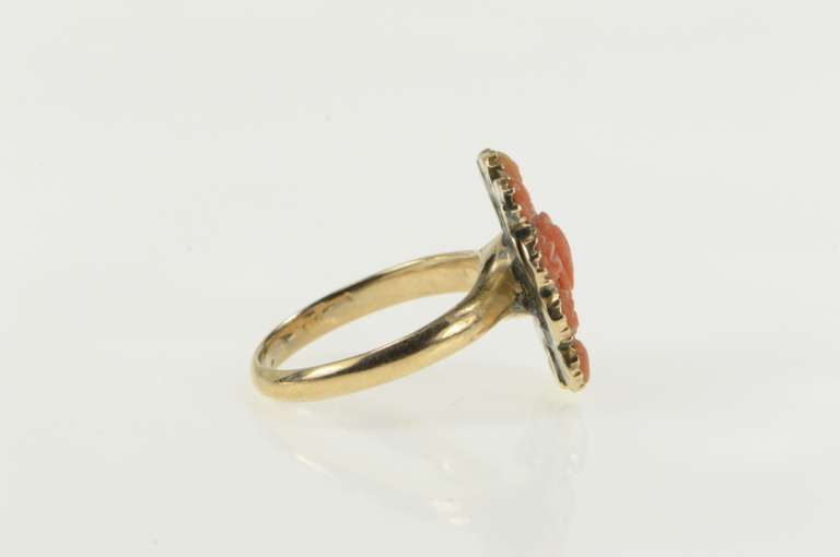 14K Yellow Gold Ornate Victorian Carved Coral Halo Cocktail Ring