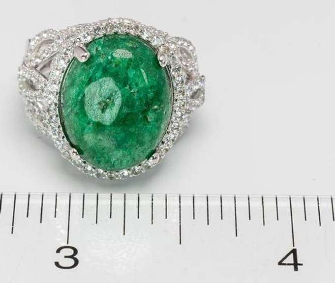 Precious 10.22CTS Cabochon-Cut Natural Emerald & 2.17CTW White Topaz Ring in Sterling Silver