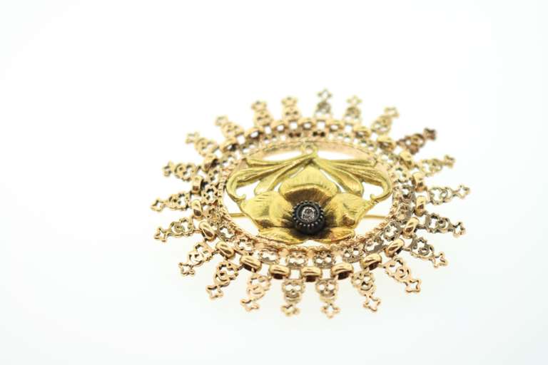Antique 18KT Rose and Yellow Gold Brooch with Diamond Flower Center