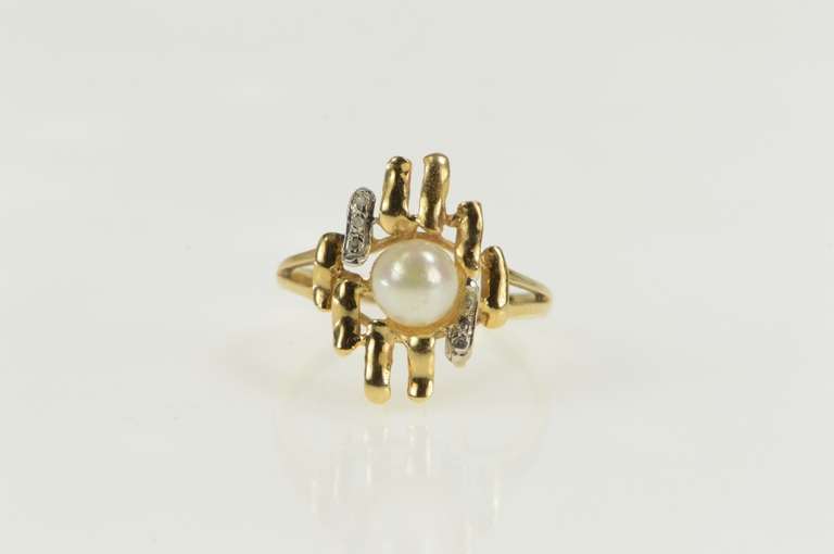 14K Yellow Gold Pearl Diamond Wavy Bar Geometric Cluster Ring