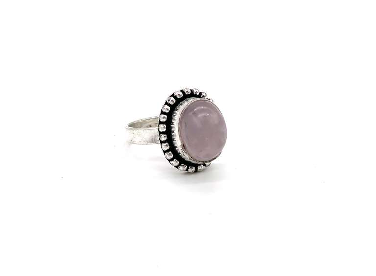 Cabochon Rose Quartz in Tibetan Silver Energy Beaded Ring