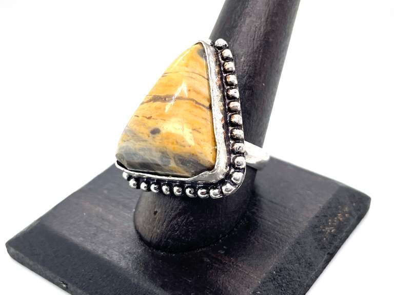 Triangular Bumble Bee Jasper Ring in Tibetan Silver Beaded Design