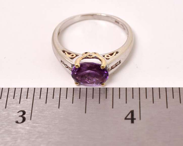 Radiant Amethyst and Diamond Ring in 14K White Gold