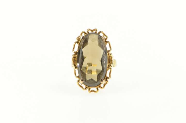 14K Yellow Gold Retro Oval Smoky Quartz Ornate Cocktail Ring