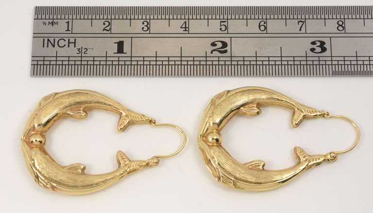 Nice 14k Kissing Dolphins Hoop Earrings