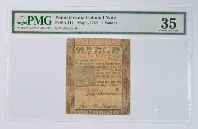 May 1, 1760 Pennsylvania Colonial 5 Pounds Note 35 Choice VF - PMG