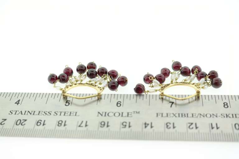 Garnet and Pearl Dangle Earrings in 18KT Yellow Gold