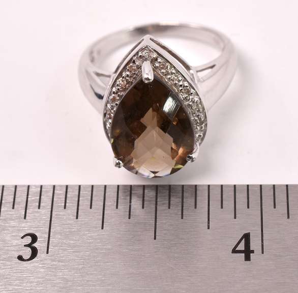 Captivating Smokey Quartz and Diamond Ring in 14K White Gold