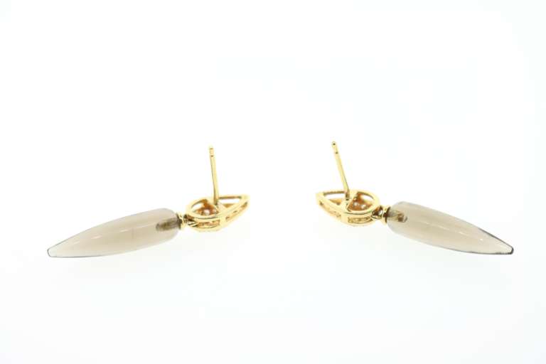 Diamond and Light Black Gemstone Dangle Earrings in 18K Yellow Gold