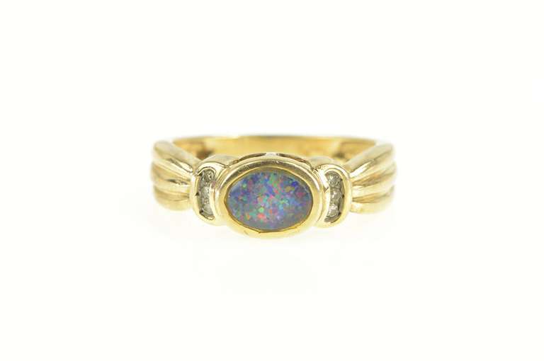 10K Yellow Gold Oval Sim. Black Opal Diamond Accent Statement Ring