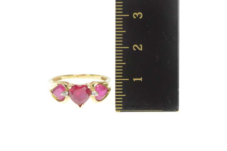 14K Yellow Gold Three Stone Syn. Ruby Heart Diamond Ring