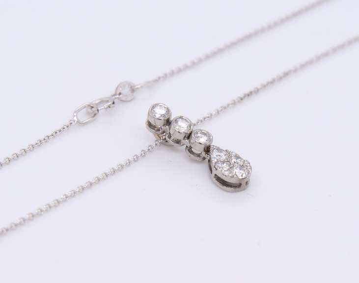Sparkling White Gold Bezel Diamond Droop w Pear Diamond Cluster Pendant on Chain