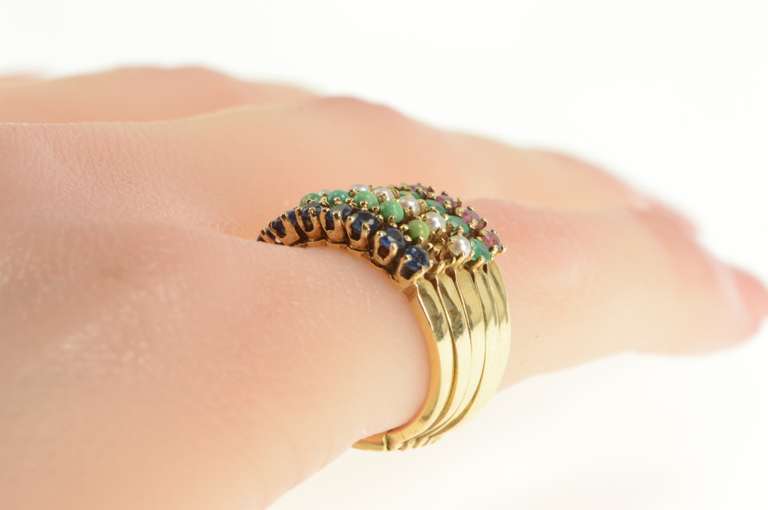 14K Yellow Gold 1960's Layered Emerald Ruby Sapphire Band Ring