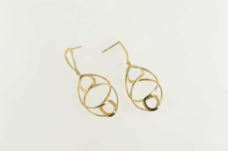 14K Yellow Gold Spiral Twist Oval Geometric Dangle Earrings