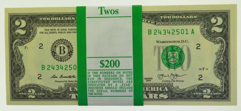 2013 Series $2 Bills in Sequence (B) $200 Pack of New Gem CU